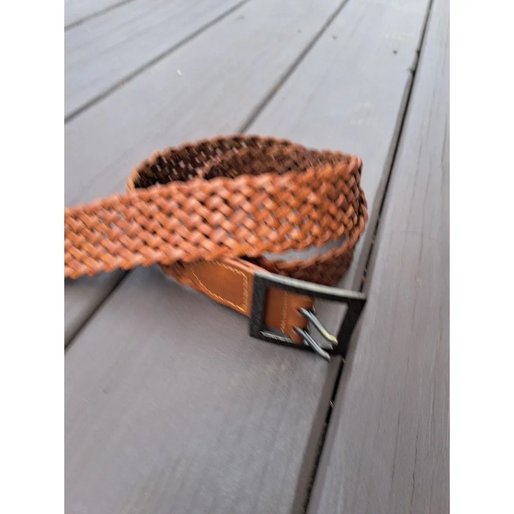 Women's Genuine Leather Brown Woven Braided Square Bronze Buckle Belt Size S 38